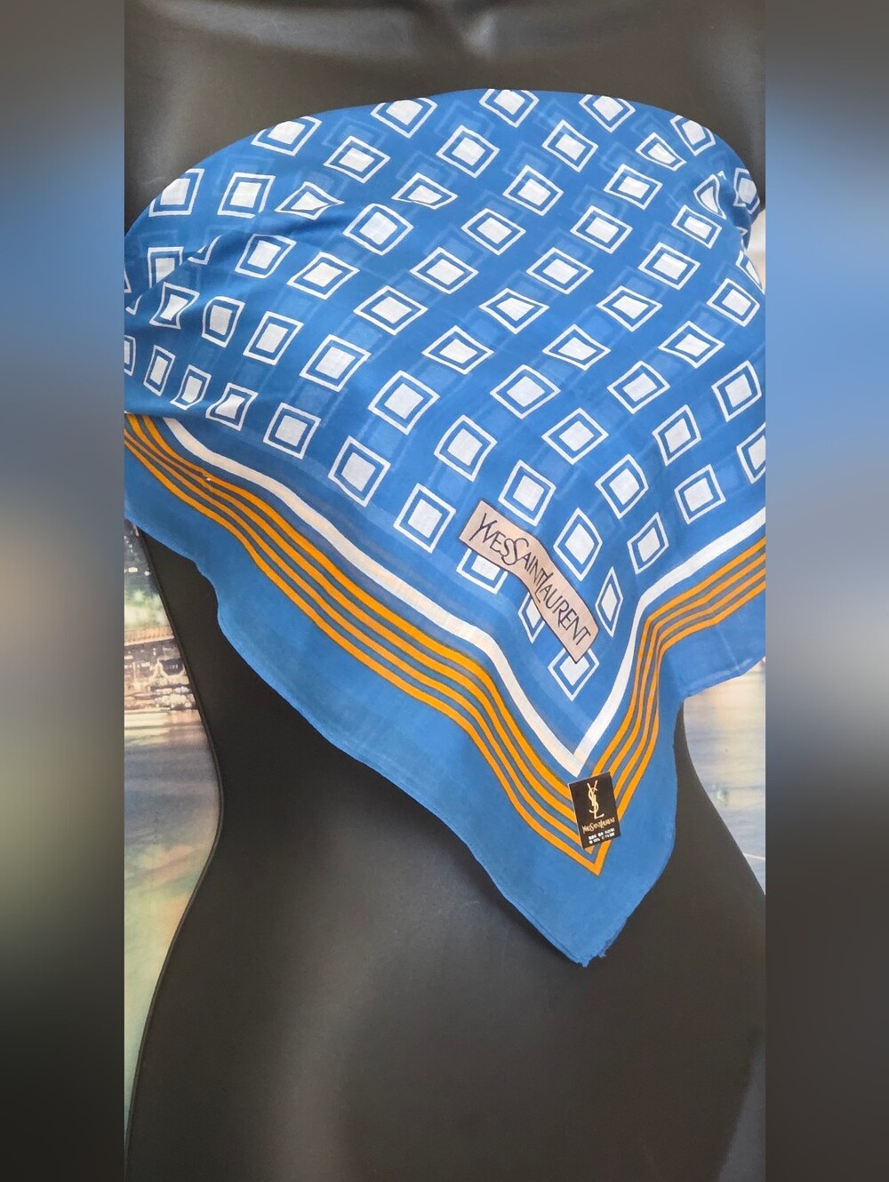 Yves Saint Laurent Blue and White Geometric Scarf with Gold Accents - Picture 8 of 12